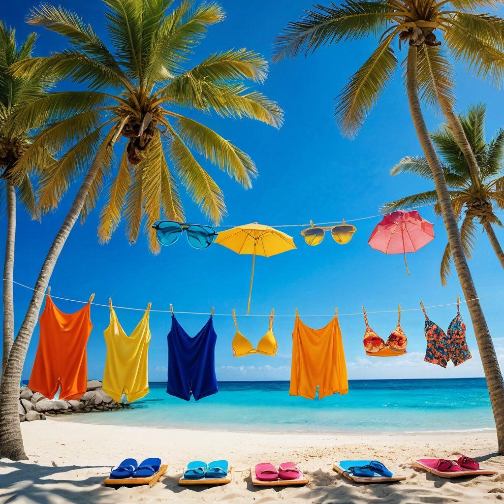 A vibrant summer scene featuring an array of colorful swimwear styles elegantly hung on a clothesline, with palm trees swaying in the background. Include a playful beach environment with sun loungers and a sparkling blue ocean. Accessories like sunglasses, beach hats, and towels should be scattered for added flair. The sunlight casts a warm glow, making the colors pop. super-realistic. vivid colors. tropical backdrop.